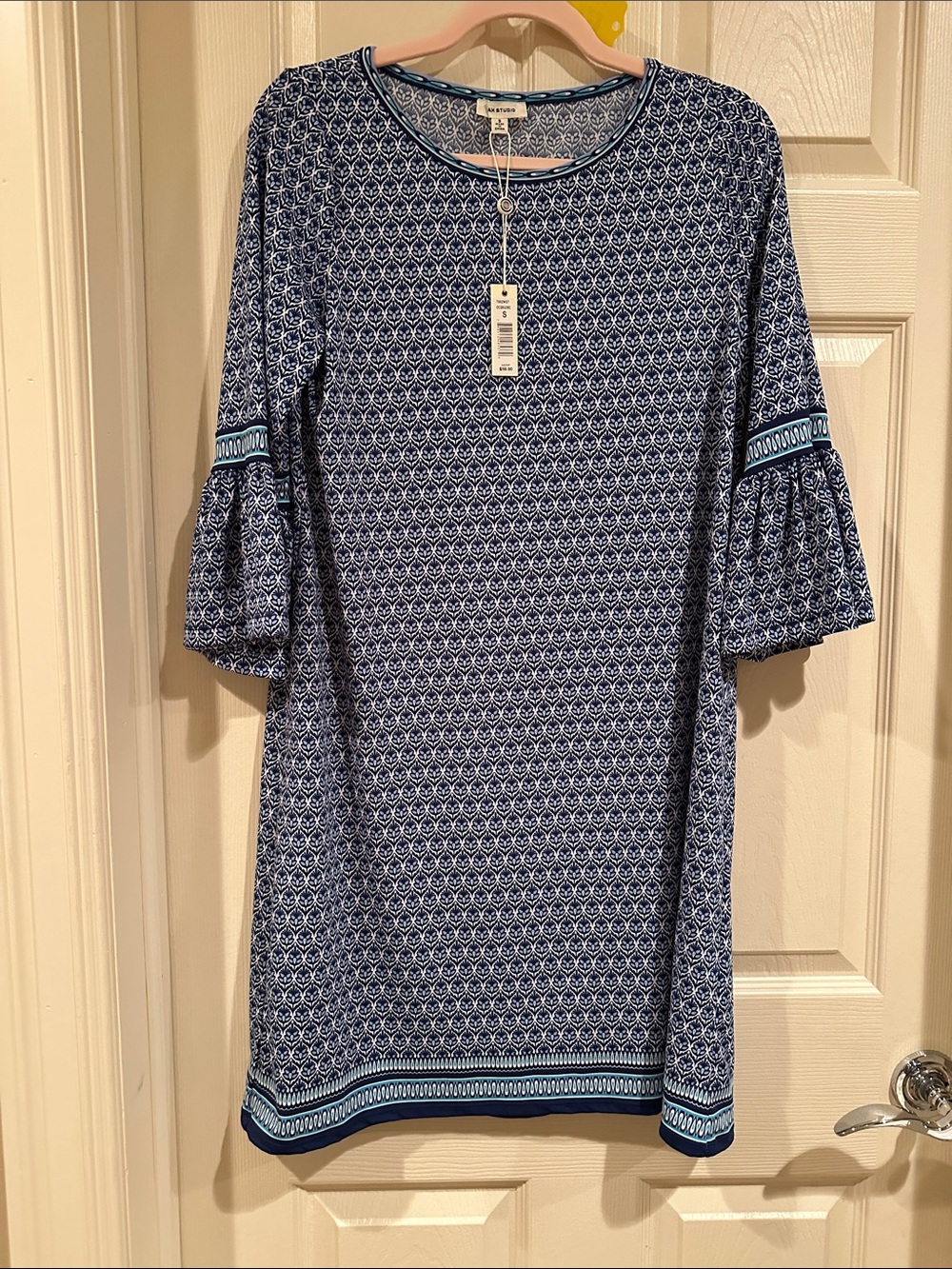 Max Studio Navy and Light Blue Printed Midi Dress